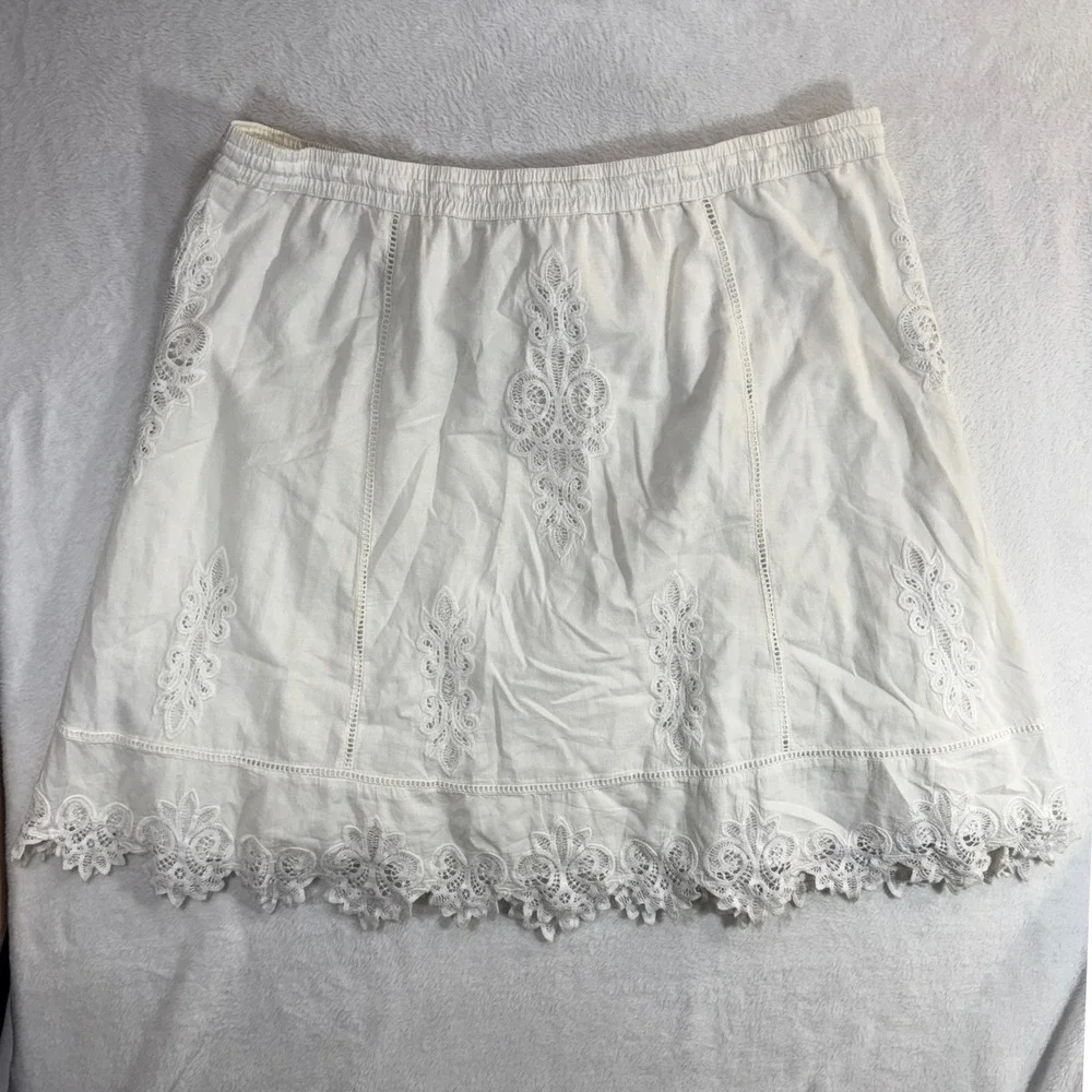 LRL XL White Knee-Length Skirt Bow Cotton Lace Embroidery Boho Fairy Cottage 70s - Picture 2 of 9